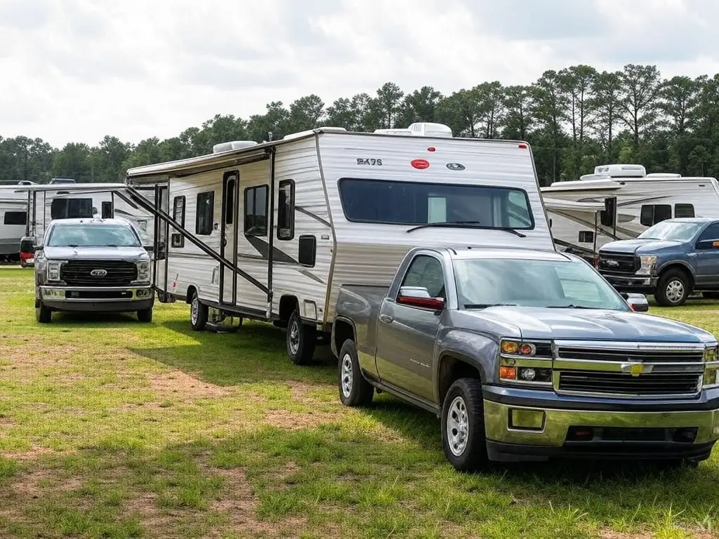 Fifth wheel RV and pickup truck parked at Vogtle Ranch